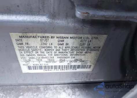 2008 Nissan Altima 2.5 S from USA, damaged, VIN 1N4AL21E38N401368